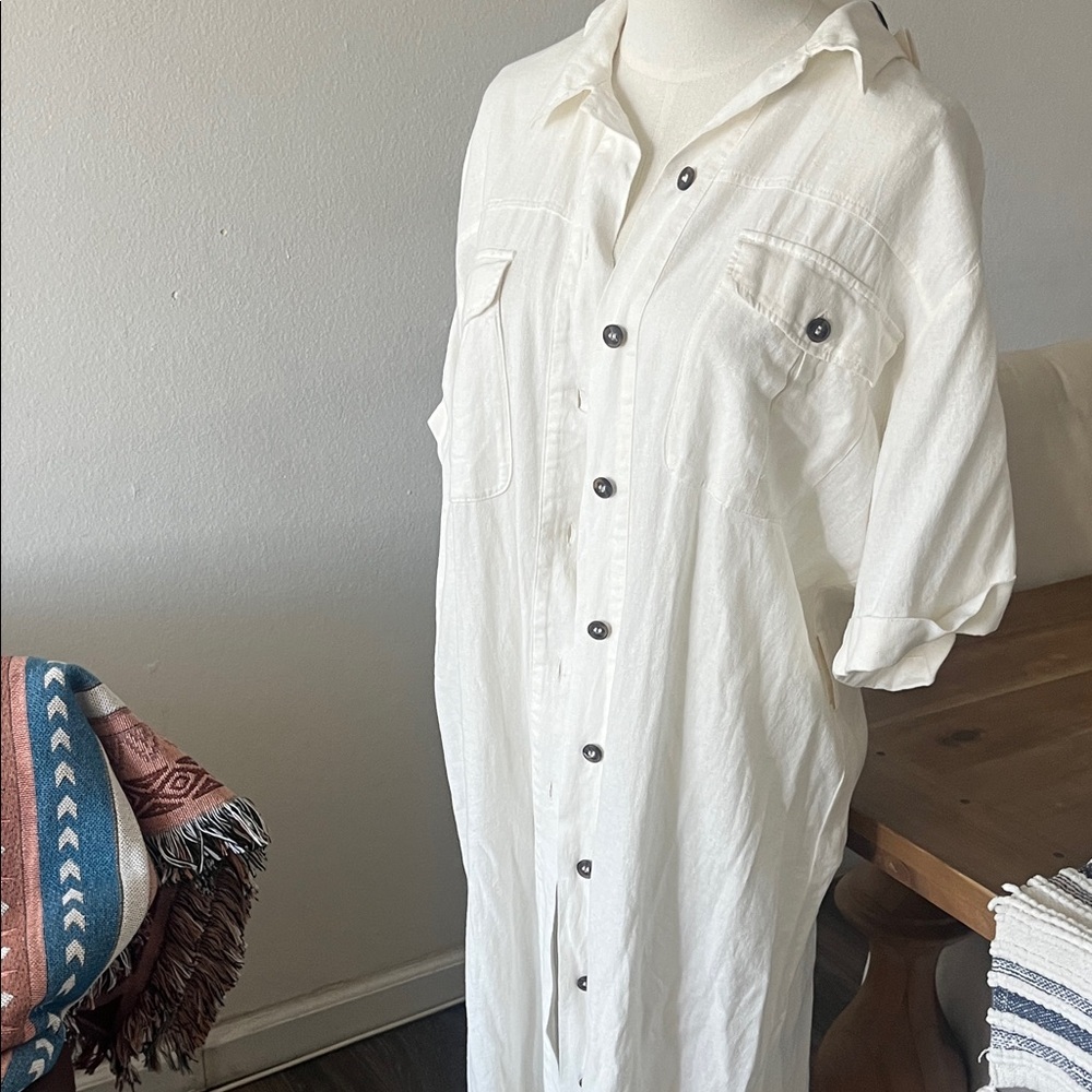 Zara White Button-Front Linen Dress with Brown Decorative Belt